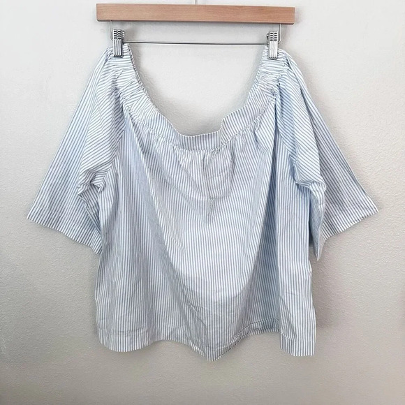 MADEWELL | Womens Off Shoulder Top Blouse Cotton White Blue Striped | Size XL - Picture 2 of 6